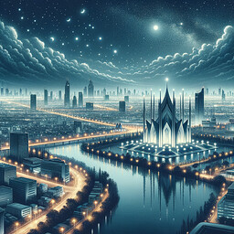 Visualize a wide-reaching view of a bustling cityscape at rest under a star-lit night sky. The urbanscape glows with subtle city lights, their twinkle reflecting in the still waters of a major river. Outstanding architectural features dominate the scene, like a peculiar tower structure and a unique palace symbolizing peace and reconciliation. Draw this scene in a modern digital art technique, emphasizing contrast, illumination, and evoking a sense of tranquility amidst the city's activity.