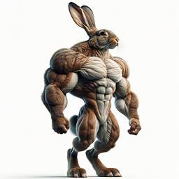 An anthropomorphic rabbit with robust muscular structure, striking a pose while standing on its two hind legs. This rabbit possesses human-like characteristics and stands upright. It exudes strength and power from its well-defined muscles, including broad shoulders, powerful arms, and a sturdy lower body. The fur is short and dense, and the color of its fur is up to you, as are additional details such as the expression on its face or accessories it might be wearing. Imagine this powerful creature set against a suitable background, perhaps a forest or a gym.