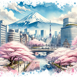 Craft an image embodying tranquility and the charm of Tokyo during the cherry blossom season. Depict city streets and parks adorned with blooming sakura trees, their soft pink hues dancing in the wind. In the far distance, present the snowy peak of the majestic Mount Fuji as it boldly juxtaposes against a serene blue sky. Ensure the image portrays the picturesque scene with a watercolor style, marked by soft and fluid color transitions, evoking strong emotions of calmness and sheer beauty.