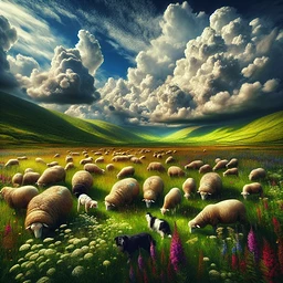 Visualize a quiet pastoral setting with sheep grazing in abundant green fields. The tall, rich green grass rustles softly in the breeze, adorned with vibrant wildflowers contributing to a gorgeous medley of nature's colors. The overhead sky is a stretch of brilliant blue, studded with voluminous white clouds meandering leisurely. The sheep, adorned with thick woolen coats, are dispersed around the field. They are gently snacking on the flourishing grassland under the watchful supervision of a single border collie. This scene portrays pastoral serenity, capturing a moment of rural life in its purest and most undisturbed state.