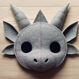 A beginner-friendly pattern for a dragon head made out of felt material. The pattern should clearly indicate the placements for facial features like eyes, nose, horns, and mouth. The design should be simple and easy to follow, ideal for novice crafters who are new to the art of felt crafting.