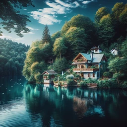 A serene and picturesque view of a lake located near a cozy and charming house. The house features a rustic facade nestled among verdant trees, while the calm waters of the lake reflect the azure sky. Birds can be seen flying over the lake, and the entire scene radiates a calming and inviting aura, inviting one to sit back and relax while enjoying the beauty of nature.