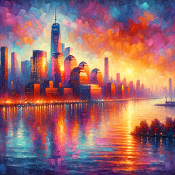 Visualize an enthralling New York City skyline during sunset. The atmosphere is draped in brilliant shades of orange, pink, and purple, reflecting off the glass exterior of the towering buildings. The Hudson River in the front counteracts the radiant colors of the sky. Paint the scene reminiscent of an impressionistic era style with informal brushwork, illustrating a deep concentration on the interplay and dynamic of light and color.