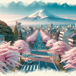 Create a tranquil scene of Tokyo during the cherry blossom season, showcasing streets and parks adorned with blooming sakura trees emanating soft pink hues. In the distant background, the snowy peak of the majestic Mount Fuji contrasts against a clear blue sky. Render this scenic view in a watercolor style, capturing the aesthetics of soft, fluid color transitions to evoke a sense of tranquility and beauty.