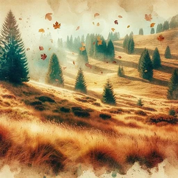 Create an image showing an imaginative depiction of Alpine meadows during the autumn season. The meadows' grass is transitioning to a golden brown hue and leaves are drifting down from the infrequent trees. The style resembles an old-fashioned watercolor painting, characterized by fluid, gentle color transitions and a dreamlike, wistful ambiance.