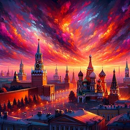 Craft an image capturing a stunning sunset over Moscow, featuring iconic landmarks such as the Kremlin and Red Square in the foreground. The firmament is a passionate spectacle of orange, pink, and purple hues, imparting a captivating luminescence over the historical edifices. The image should evoke the feel of a contemporary digital painting while using broad, emphatic strokes and a vibrant array of colors.