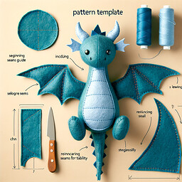 Create a pattern template for a felt dragon toy, including wings and tail. It should be beginner-friendly, with clear and simple instructions for reinforcing seams for stability. The design should include a step-by-step guide, suitable for those interested in sewing and eager to learn via a craft blog. The pattern should ensure that the dragon is structurally stable when sewn together, making it perfect for crafting enthusiasts who are just starting their journey in the world of sewing and DIY crafts.