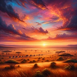 Create a captivating image of an African savanna at sunset. The sky is filled with a vibrant display of orange, pink, and purple colors, shedding a warm illumination across the vast grass fields. The horizon is marked by the vague forms of acacia trees, and a group of elephants can be seen journeying across this panorama. The image should encapsulate the unrefined beauty and magnificence of the scene, rendered in the style and detail of an oil painting from the Realism era.