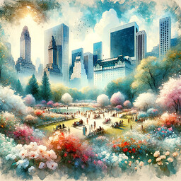 Imagine an ethereal spring morning in an urban park, resembling Central Park. The park is buzzing with life, adorned with blossoming flowers of various hues and verdant trees, providing a refreshing experience for the park-goers of different genders and descents, who are basking in the delightful weather. The towering structures of the city provide a fascinating contrast to the park's captivating natural beauty. Render the image in a style reminiscent of Impressionism, using a watercolor medium, characterized by its soft color palette and the fluidity in the transitions that convey the tranquility and tranquility of the scene.