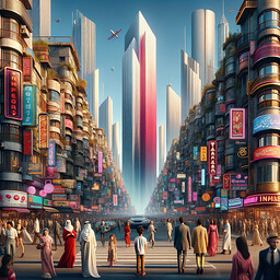 Create an extremely realistic image that portrays the high-energy environment of a bustling city street in the middle of the day. The scene is filled with various individuals such as a Middle-Eastern woman clad in fashionable urban attire, a South Asian man sporting a formal suit, and a Caucasian child filled with amazement as they immerse themselves in the vivid ambiance of the city. The urban landscape is beautifully embellished with an ensemble of neon signs and skyscrapers that disappear into the clear blue sky. Among these skyscrapers, one stands out with its towering stature, painted in vibrant shades of red and white, starkly contrasting with the cloudless azure sky. This building is a city icon, its colors boldly reflecting the distinctive and vibrant aesthetic of this urban panorama.