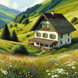 Create a detailed illustration depicting a petite house, full of charm, with its off-white painted walls and steeply pitched roof covered with wooden shingles, snuggly tucked against a green, lush hill. The environment around is as vibrant as an impressionist's dream, verdant meadows with wildflowers sporadically dotted providing splashes of color. The picturesque Alpine meadows stretch on till the horizon, offering a sense of calmness and serenity under the vast expanse of a clear blue sky. The scene captures the essence and ethereal beauty often associated with the Alpine region.