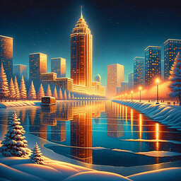 Visualize a calm winter night in a city akin to Astana. Fresh snow gently covers the cityscape, lights from the buildings casting a beautiful illumination. A skyscraper resembling the Baiterek Tower dominates the skyline, its burnished luminescence mirrored in a frozen river similar to Ishim. Convey this tableau in a manner akin to traditional oil paintings known for their vibrant hues, perception of depth, and tangible textures.