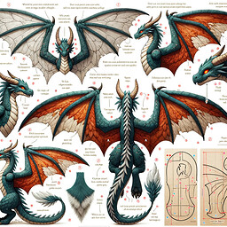 A detailed felt dragon wings pattern, including step-by-step instructions for sewing. Each part of the pattern is clearly marked with its corresponding steps to ensure easy assembly. Additionally, clear guidelines are provided on how to attach the sewn wings to the body, demonstrating where to sew or adhere the wings for maximum stability and functionality. The depicted dragon wings should strive to balance realism and fantasy, with a hint of majestic flair. The prompt should show both a full and close-up view of the wings so that all details can be clearly seen.