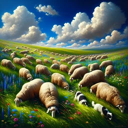 Picture a serene scene of sheep grazing in lush meadows. Tall, deep green grass sways gently in the wind, decked with vibrant wildflowers painting a colorful symphony of nature. The sky above comprises a vault of azure blue, speckled with fluffy white clouds lazily floating across. The sheep, their woolen coats thick and fluffy, are variously scattered across the meadow. They are gently nibbling at the verdant grass under the watchful eye of a solitary border collie. The picture depicts pure pastoral tranquility, a snapshot of bucolic life at its most calm and unspoiled.