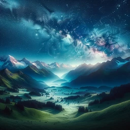 Create an image that showcases a breath-taking vista of Alpine meadows resting beneath a star-studded night sky, with the Milky Way casting an ethereal glow over the serene landscape. The high-level detail in a realistically rendered fashion creates captivating imagery, and the color palette consists of soothing, cool tones that enhance the tranquility of the scene.