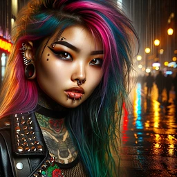 A young South Asian girl is shown representing a hardcore punk aesthetic, distinguished by her vibrantly colored hair, intense makeup, and an array of distinctive piercings. She is situated in a dark and textured cityscape, where shining neon lights create a stunning reflection off the slick, rain-soaked pavement. Her rich cultural background and personal fashion choices echo in the intriguing, edgy urban environment, showcasing an intersection of subculture and heritage.