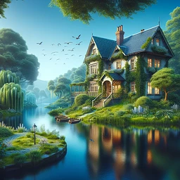 A tranquil and idyllic scenery showcasing a body of water next to a warm, inviting dwelling. The home boasts an old-fashioned exterior enveloped by lush greenery, with the placid lake mirroring the sapphire heavens. Birds are present, soaring above the water, and the entire composition exudes a peaceful, welcoming feeling, encouraging one to pause and soak in the splendor of the outdoors.