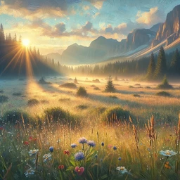 Create an image depicting a peaceful morning scene in an Alpine meadow. As the sunrise occurs, the first beams of light cast a golden glow over the dew-drenched grass and a variety of wildflowers. Capture this scenery with an impressionistic approach, emphasizing the delicate and transient nature of the scene. Use a technique that is inspired by artistic movements prior to 1912, containing broad, loose brushstrokes primarily used in oils.