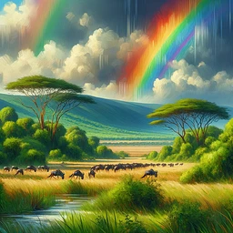 Generate an image that portrays a lively African savanna during the rainy season. The landscape is filled with lush green vegetation, with a multicolored rainbow elegantly arching over the sky following a recent rainfall. A migrating herd of wildebeest is visible on the plains, adding an element of dynamism to the scene. The style should reflect the essence of impressionism, characterized by broad, flowing brushstrokes and a bold, saturated color palette that encapsulates the resurgence of life post rainfall.