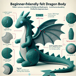 Crafting guide visualization for a beginner-friendly detailed felt dragon body pattern. The dragon should be in a pose that displays all its body clearly. It is made out of felt, showing meticulously reinforced seams to enhance durability, perfect for beginners to learn. The image should include clear visual instructions on pattern pieces and sewing steps and should have indications for the reinforced seams.