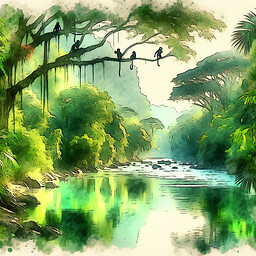 Imagine a serene visual where a tranquil jungle river meanders through the lush vegetation of a rainforest. The water mirrors the effervescent green tones of the neighboring flora, and a handful of playful monkeys can be observed on the tree branches looming over the river. Concoct this image as if it was a watercolor painting, characterized by refined, fluid shifts of color, and a sense of tranquil calmness. This painting should mimic the artistic techniques known in late 19th century art movement characterized by the use of loose brushwork and light colors, and it should primarily use the medium of watercolor.
