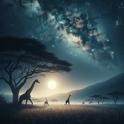 Render an image that depicts a calm African savanna under the soft illumination of moonlight. Capture the landscape as it is delicately bathed in an ethereal glow. Showcase the tall, proud silhouettes of giraffes grazing in the savanna against a backdrop of a sky embroidered with stars. The stylistic approach should be surrealistic, with overstated proportions and elements that foster a sense of the dreamlike, enhancing the mystical ambiance of the scene.
