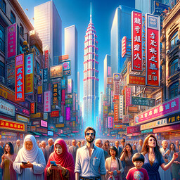 Create an image that captures the energetic atmosphere of a lively, densely populated city street during daylight. Various individuals including a Middle-Eastern woman, a South Asian man and a White child engulf themselves in the city's vibrance. The cityscape is adorned with neon signs and skyscrapers that stretch high into the azure sky. One of such skyscrapers is a towering red and white structure, a symbol iconic to the city, contrasting against the cloudless blue sky. The style of the image should be incredibly realistic, depicting minute details and the vivid colors that make this city distinctive.