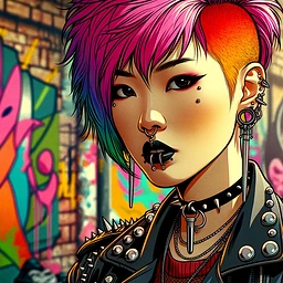 Illustrate a punk-styled East Asian female with bright-colored hair and facial piercings. She's portrayed in her fashionable punk attire. The setting is an urban one, poorly lit, with the walls filled with vibrant graffiti art.