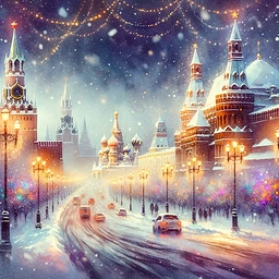 Imagine a snowy winter night in Moscow. The stately Kremlin and bustling Red Square are cloaked under a thick white blanket of fresh snow. The scene basks in the soft, golden radiance of antiquated street lamps, playfully painted with the jovial colors of sparkling Christmas illuminations. Yet, despite the normal chaos, a dreamy, tranquil aura pervades. This scene is envisioned in the style of a traditional watercolor painting, characteristic of soft, seamlessly blended hues and a fantastical ambience.