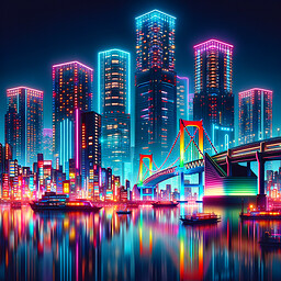 Create a dynamic digital art-style image of a vibrant cityscape at night, inspired by Tokyo's nightlife. The scene should illuminate with countless neon lights bouncing off sleek surfaces of futuristic skyscrapers. In the distance, a colorful structure resembling the landmark Rainbow Bridge can be seen, its colorful lights mirrored in the water beneath, possibly an imitation of Tokyo Bay. The image should use bold, saturated colors and high contrast to best capture the essence, energy, and spirit of a bustling metropolis in nightfall.