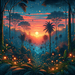 Picture a jungle at dusk, with the setting sun casting orange and pink hues across the sky. The jungle is echoing with the calls of its nighttime creatures, providing a soundtrack to the evening. Fireflies start to illuminate the backdrop, their small lights flickering like stars against the increasingly dark vegetation. The overall image should have a charm and fascination that transcends the ordinary, owing to the surrealistic overtones, which heighten the magic and alien nature of the jungle after sunset.