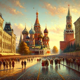 Create a daytime scene of Moscow's Red Square and the Kremlin bustling with people. The cobblestone streets glisten under the sunlight and the iconic St. Basil's Cathedral stands proudly in the backdrop. Capture this image with the level of detail and warmth typical of a classic Russian realist painting. The colors should be rich and inviting, perfectly capturing the architectural beauty and lively atmosphere of this renowned location.