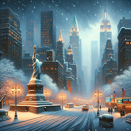 Imagine a winter's night in New York City filled with the peaceful hush of falling snow. Recognizable landmarks like the snow-covered Statue of Liberty and Times Square are tucked in a blanket of white. The glowing street lamps throw a warm, welcoming light over the city streets. This peaceful scene captures the stark contrast between the bright artificial lights and the tranquil natural snowfall. This scene should be portrayed in the style of an old master's oil painting, highlighting the interplay of light, colors, and details inherent to this medium.