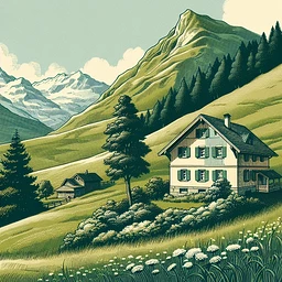 An illustration of a small house nestled against a hill, located amidst the verdant meadows of the Alpine region. The house is painted in a charming shade of off-white, the roof is steeply pitched and covered with wooden shingles. The hill behind it is blanketed by rich, lush grass, with wildflowers sprinkled, adding a splash of color. The Alpine meadows, characterized by its immense beauty, stretch out into the distance, seemingly endless under the clear blue sky. This idyllic, serene scene embodies the quintessential pastoral beauty that the Alpine region is renowned for.