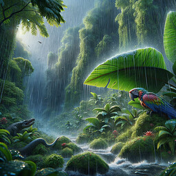 Imagine a hyperrealistic depiction of a jungle scene during a torrential tropical rainstorm. Thick sheets of rain fall relentlessly, soaking the vibrant, lush green vegetation and forming countless tiny streams on the forest floor. Despite the adverse weather, the jungle brims with life. A parrot, adorned in a rainbow of hues, seeks refuge under an expansive leaf, while a stealthy jaguar quietly prowls around the edges of the scene. The emphasis of the image is on capturing the sheer, untamed allure of the wild, showcasing the jungle's resilience and vibrancy.