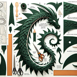 Detailed step-by-step guide of a pattern for creating a dragon tail from felt material. The instructions should cover cutting out the template, assembly of the individual pieces, and easy attachment methods. The tail should be stylized like a dragon's, featuring scales and a pointed tip common to fantastical representations. Include annotations and measurements that allow for easy replication and customization.