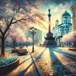 Imagine a spring morning in Moscow, with an iconic monument and a historical square surrounded by blooming trees and flowers. The ambience is peaceful and serene, with the early morning light casting long, dramatic shadows on the cobblestone streets. The image should evoke the spirit of an Impressionist painting, characterized by light, loose, flowing brush strokes, and a bright, refreshing color palette. Think Monet but situated in Moscow. Let the scene be dominated by pastels and airy hues, capturing the vibrant colors that characterize spring and early morning light. There's a sense of tranquillity, a moment frozen in time.