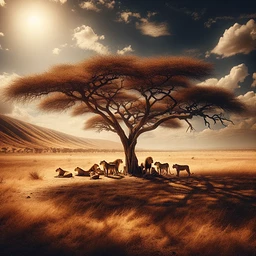 Compose an image illustrating a typical day at the height of noon on an African savanna. The sun is directly overhead, casting stark shadows on the dry, golden grasslands. Observe a pride of lions, their coats harmoniously merging with the surrounding landscape, as they seek refuge from the heat under the scattered shade of an acacia tree. The scene should be rendered in a style akin to an intricate nature photograph, with exceptional attention to detail and an emphasis on the wildlife and their relationship with their habitat.
