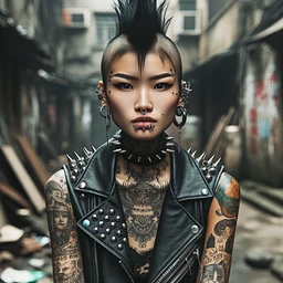 Generate an image of an East Asian young woman in a punk fashion. She's adorned with tattoos, dons multiple piercings, and styles her hair as a mohawk. Her outfit features a rough-looking leather jacket studded with spikes. She is posed against the raw and urban backdrop of a disheveled backstreet.