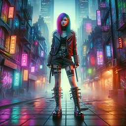 Create a full-body image of a young Asian woman, adorned in edgy hardcore punk attire that includes studded leather, heavy-duty boots, and a burst of vibrant hair color. Surround her with a dystopian cityscape at twilight, where the buildings are littered with rainbow-colored neon signs and walls filled with graffiti art. The atmosphere is dense yet captivating, casting a stunning blend of neon lights and shadows on her and the environment.