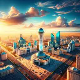 Generate a vivid image showcasing the city of Nur-Sultan, the capital of Kazakhstan, on a radiant summer day. The bustling city landscape includes eminent landmarks like the Baiterek Tower and the Palace of Peace and Reconciliation. Enhance the architectural details of these structures, demonstrating their unique designs. The expansive sky above is a rich blue hue, speckled with soft white clouds. The image is presented in a realistic style, emphasizing the dynamic atmosphere within the city.