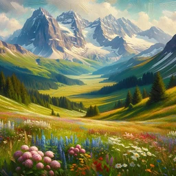 Create an image of a stunning panoramic view of Alpine meadows during summer. The scene is imbued with vivid green grass, an array of colorful wildflowers, and imposing mountains in the background bear caps of pristine white snow. Evoke the feeling of an oil painting through the image by rendering the scene with gentle, blended brushstrokes and enveloping it in a warm, inviting light.