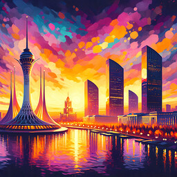 Visualize a breathtaking sunset over a modern city with unique architectural landmarks, resembling the structures in Astana. The sky is vividly painted with shades of orange, pink, and purple, casting a warm inviting glow over the city. The elegant silhouette of a tall tower, akin to the Baiterek Tower, and a variety of other uniquely designed structures stand out against the vibrant backdrop. Paint this scene in the aesthetic of an impressionistic style of the 19th-century, focusing on the interplay of light and color through loose and vibrant brush strokes.