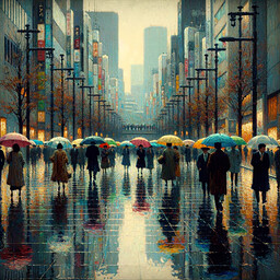 Imagine a serene, wet afternoon in Tokyo amidst a drizzle. The pavement mirrors the subdued hues of the metropolitan architecture in its wet sheen. Pedestrians, both men and women of diverse descents such as Caucasian, Hispanic, Black, Middle-Eastern, South Asian, and East Asian, are meandering along the streets, their vibrant umbrellas offering contrast to the overall color palette. This visual narrative to be portrayed in the style of late 19th-century Impressionism art, accentuating the aesthetic of loose strokes and a profound contemplation of light mingling with color, as if painted with oil on canvas.