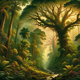 Create a realistic, detailed image of the heart of a lush, tropical rainforest. The scenery is dominated by massive trees with their dense foliage forming an intricate, leafy canopy above. Warm sunlight percolates down through the leafy ceiling, draping the forest floor in a pattern of soft, mottled shadows. In the background, a variety of exotic wildlife can be discerned amidst the lush greenery, camouflaging perfectly with their vibrant habitat. The exotic birds and various unseen creatures fill the air with their melodious calls. The artists' palette should be saturated with a wide range of vivid hues, capturing the diversity of life and light in the rainforest, much like a work from a naturalist painter from the early 19th century.